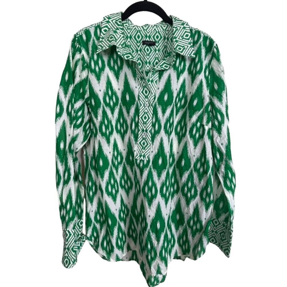 Talbots Button Up Shirt M Green White Popover Long Sleeve Classic Preppy